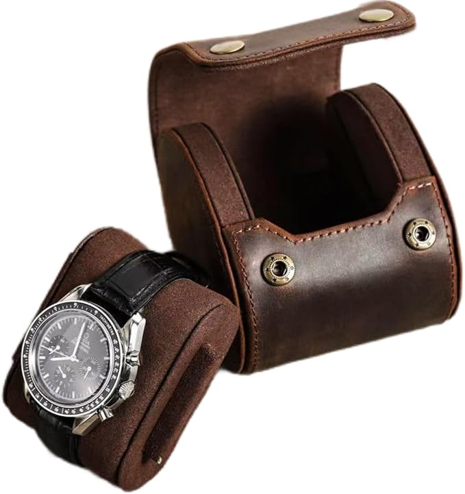 Leather Single Watch Case,Genuine Leather Vintage Watch Roll Travel Case for Storage Organizer Display (1 Slot)