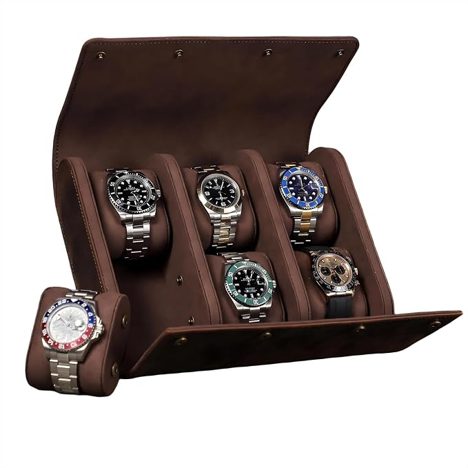 Genuine Leather Watch Roll Travel Case,Vintage Full Grain Leather Watch Box with Pillow for Men,Watch Storage Organizer for Home Storage,Travel Watch Organizer Box (6 Slots)