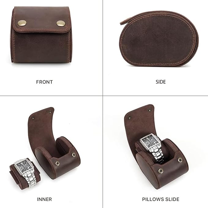 Leather Single Watch Case,Genuine Leather Vintage Watch Roll Travel Case for Storage Organizer Display (1 Slot)