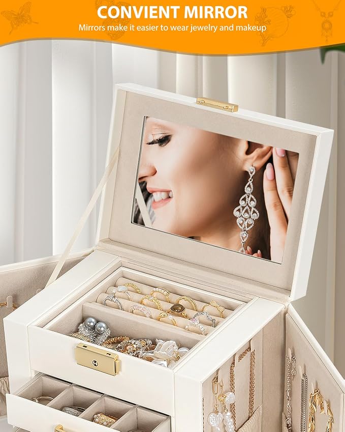 AKOZLIN 5-Tier Jewelry Box Leather Jewelry Storage Organizer with 4 Drawers Lockable for Women Girls Ring Necklace Earring Bracelet Watches Holder with Mirror White