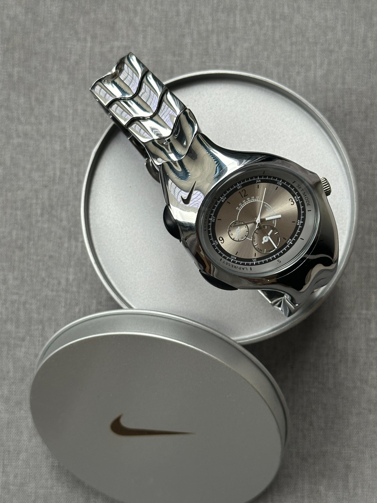 Nike Triax Chronograph Watch Silver on silver dial – Vintage Stainless Steel Sports Watch, Rare Collectible Timepiece