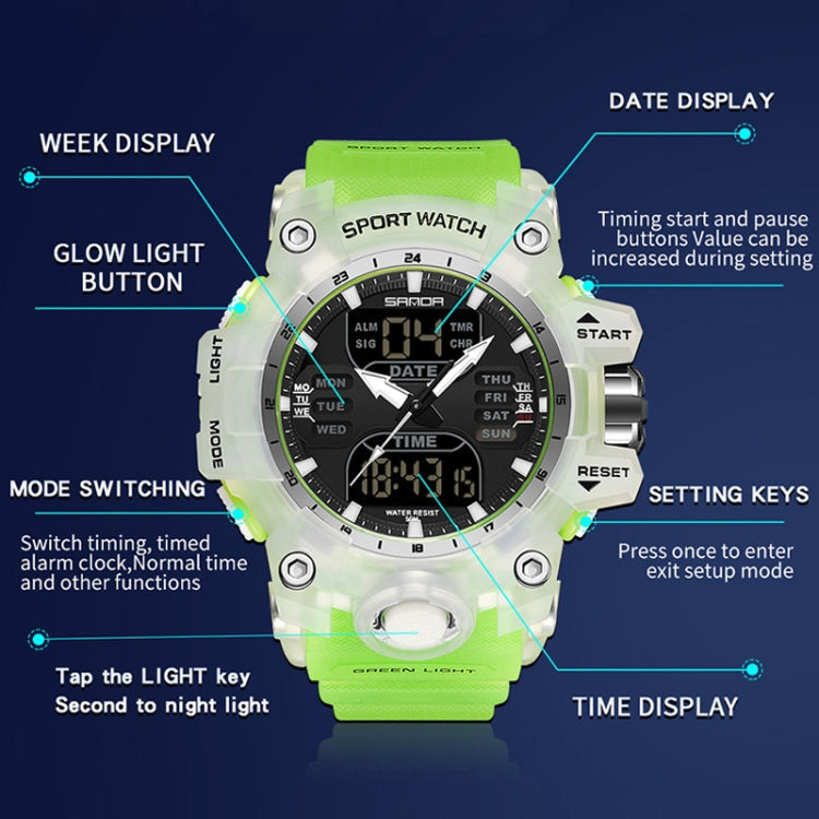 SANDA Green Light Alarm Clock Multifunctional Waterproof Shockproof Transparent Watch
