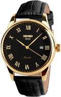 SKMEI Business Men’s Quartz Wristwatches Roman Numeral Leather Band Casual Water Resist Analog Watches
