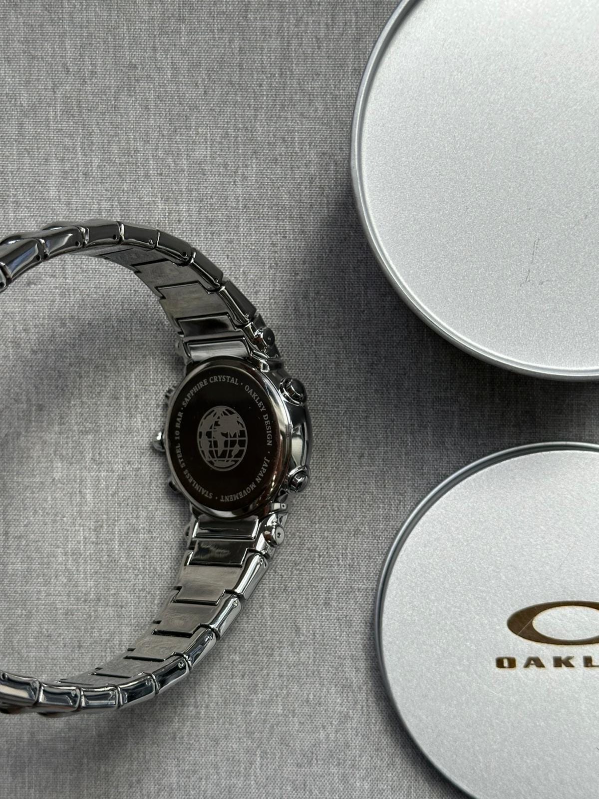 Oakley Judge Chronograph Watch – Blue/ White/ Black Dial, Stainless Steel Polished Bracelet, Swiss Movement