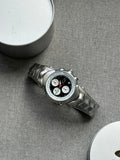Oakley Judge Chronograph Watch – Black/Blue/White Dial, Matte Brushed Stainless Steel Bracelet, Swiss Movement