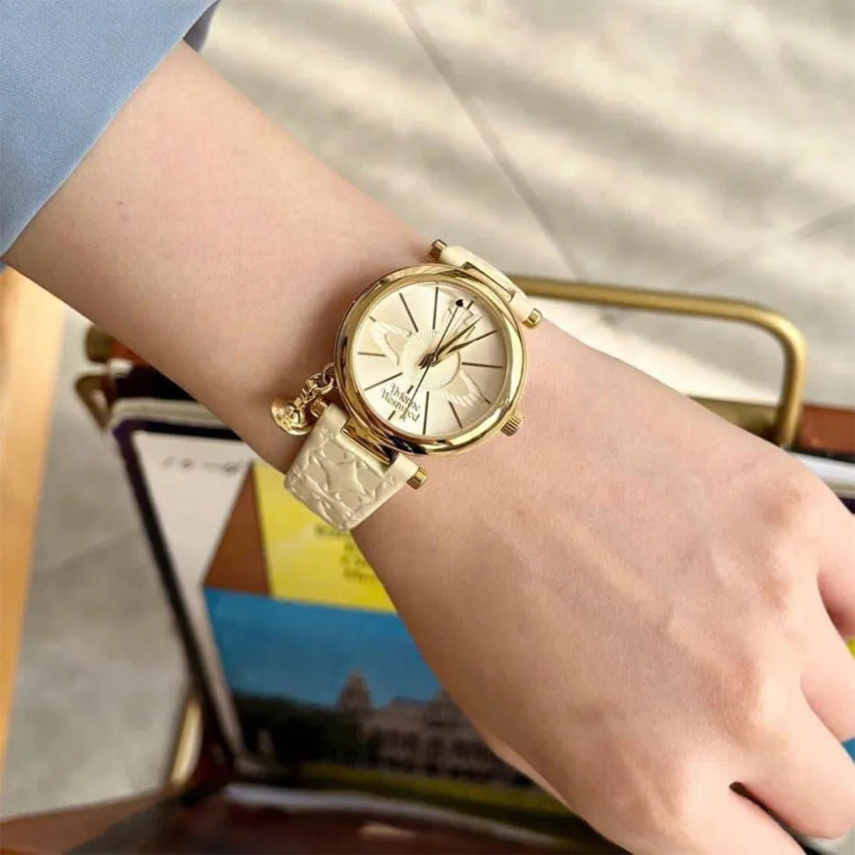 Vivienne Westwood Orb II 32mm Beige Dial Leather Ladies Quartz Watch VV006WHWH